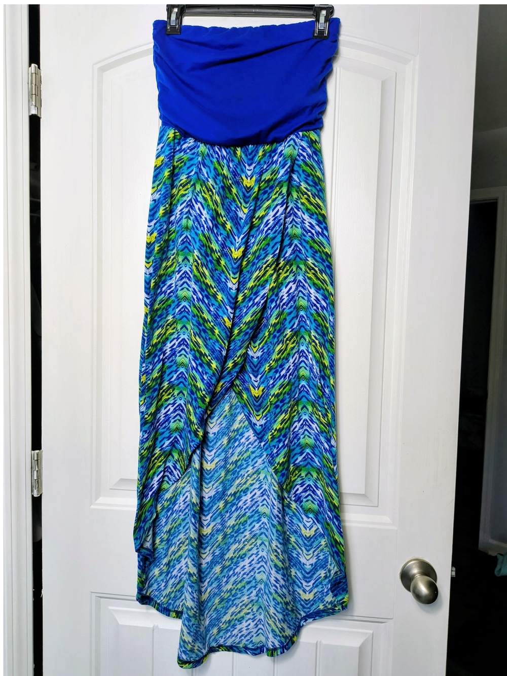 Royal Blue Strapless Maxi Dress with Blue-Green Pattern